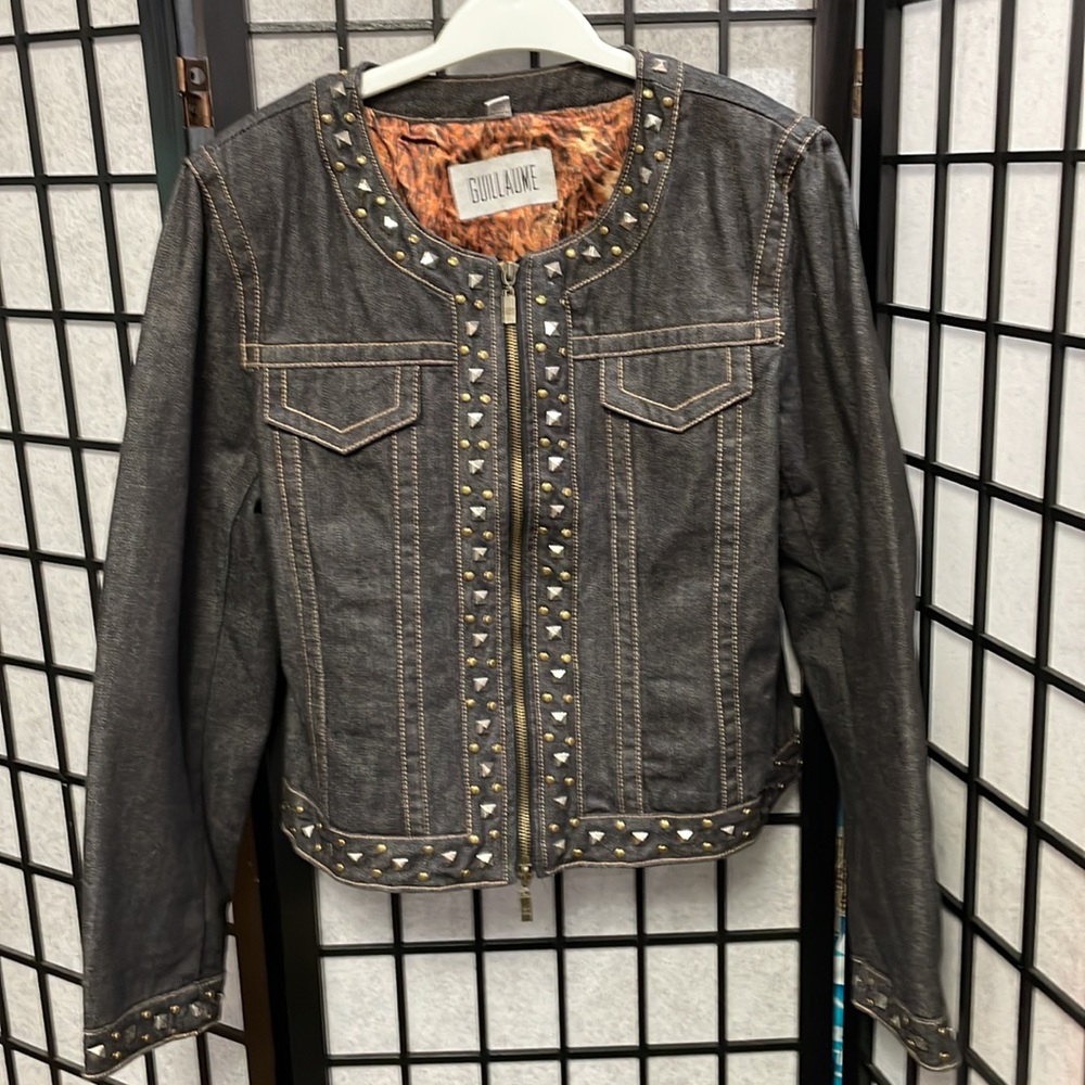 Vintage Guillaume Denim Jacket. Black Distress Wash, Studded, Zip Front, SZ LG